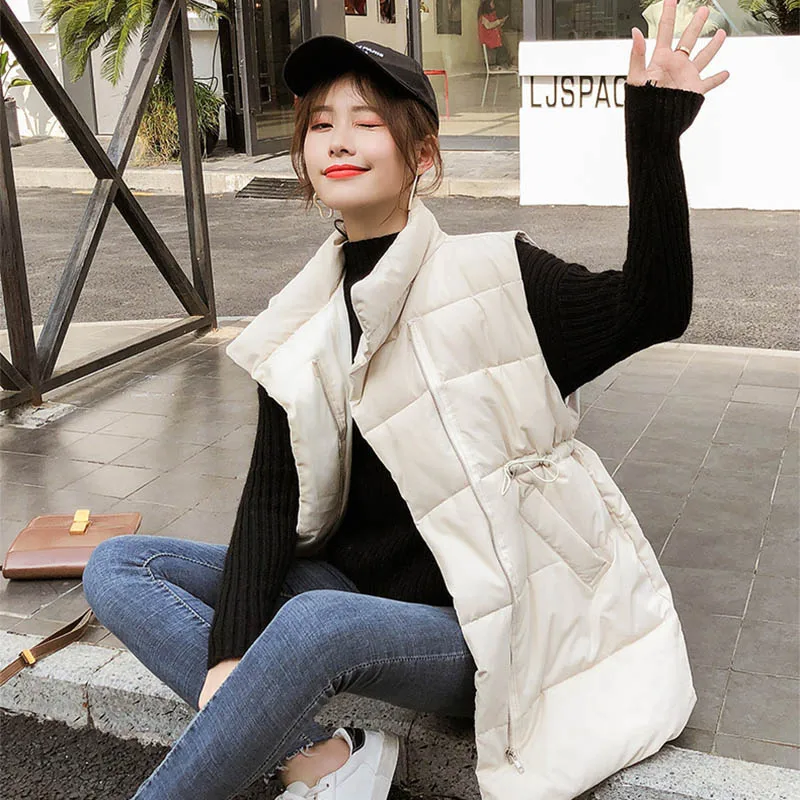 

Women's Vest Sleeveless Winter Autumn Thick Stand Collar Warm Cotton Vests Drawstring Casual Down Jacket Female Coats Y