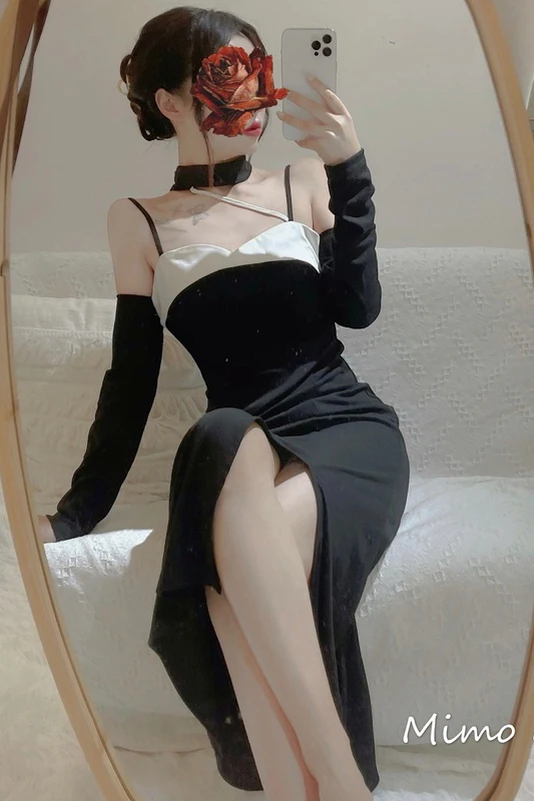 

Sexy Little Sister Black and White Common Calla Slim off-Shoulder Choker Design Dress Ckawaii Bodycon dress women