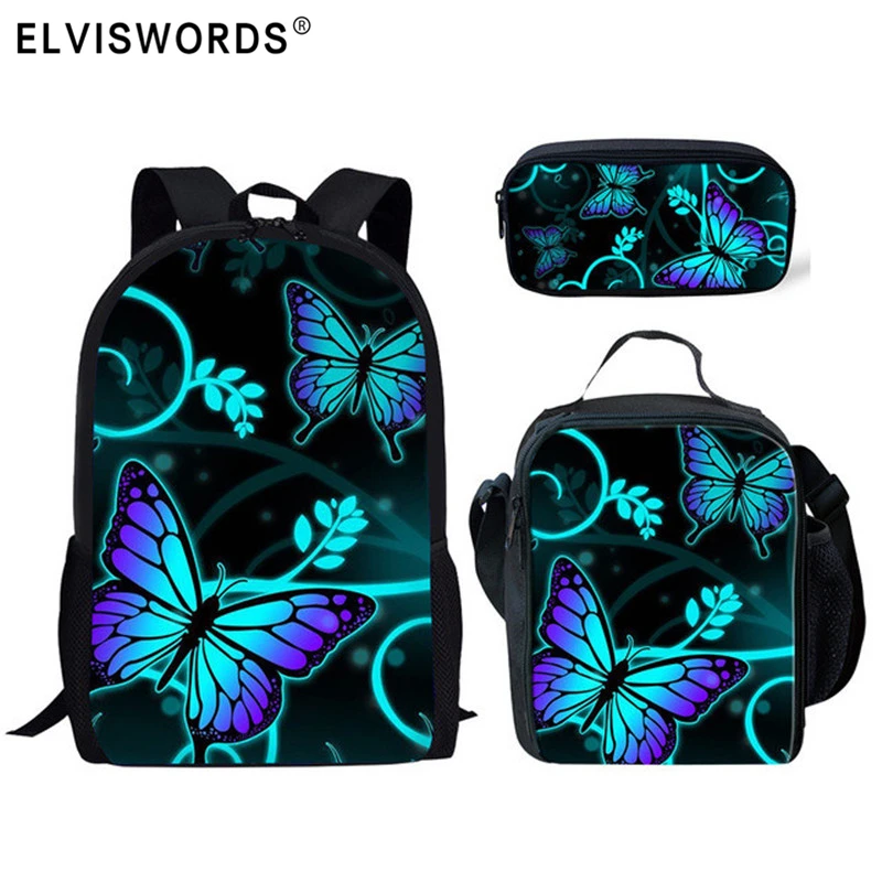 ELVISWORDS School Bags for Girls Beautyful Butterfly Animal Printing 3Pcs/set Kids Backpack Women Shoulder Bags Mochila Escolar