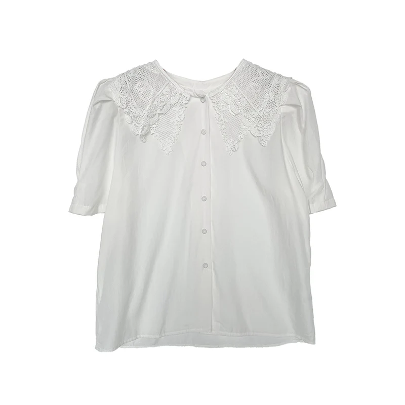 

Lace Patchwork Doll Collar Blue T-Shirt Top Women's Clothes French Vintage Design Mujer Cardigan Top White Tee-Shirt Femme Shirt