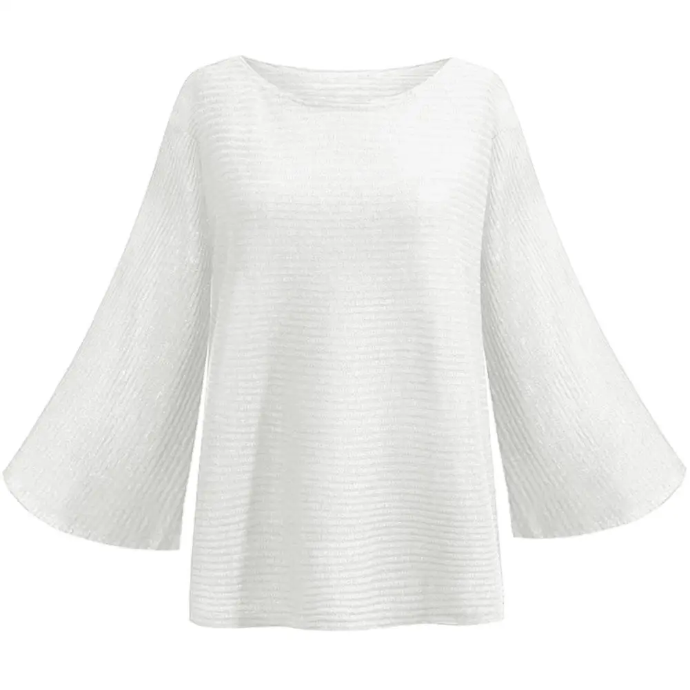 

Women Autumn Winter Long Flared Sleeve O Neck Solid Color Loose Knitwear Sweater