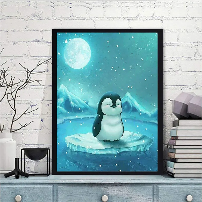 

Unisonju 5D DIY Diamond Painting Full Square Round Rhinestone Penguins on ice in Moonlight Embroidery Cross stitch Home Decor