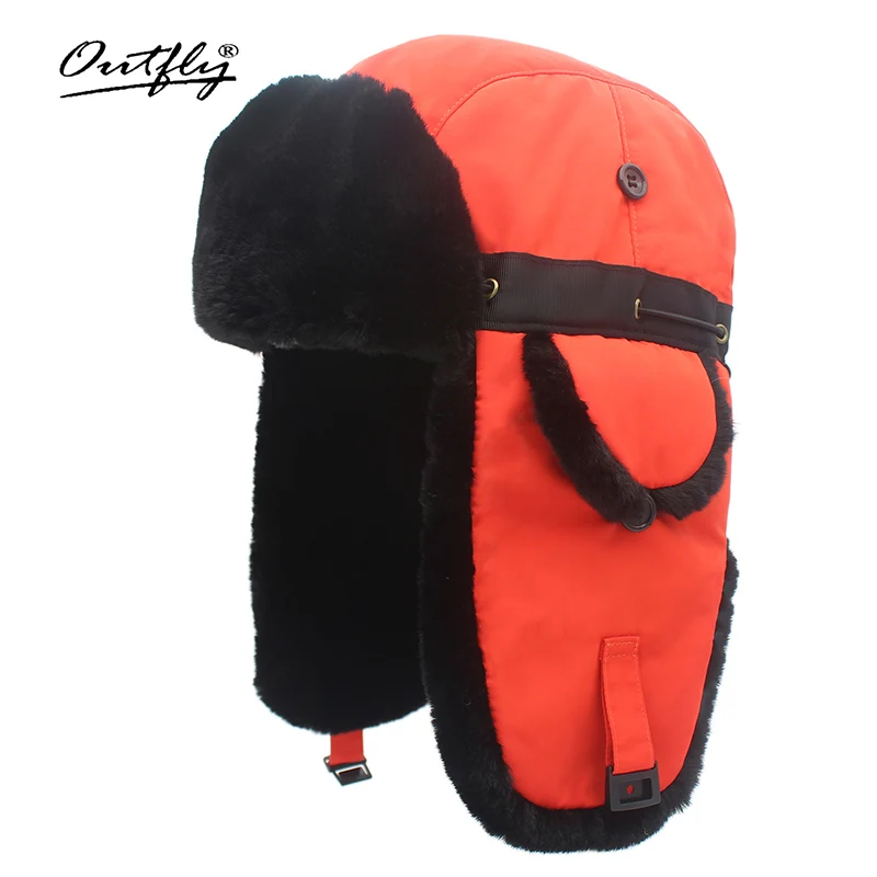 Шапки-бомберы Outfly, зимняя теплая шапка из толстой пряжи для мужчин и женщин, зимняя уличная шапка для походов на снежную погоду, шапка для русской охоты - Цвет: Orange(black fur)