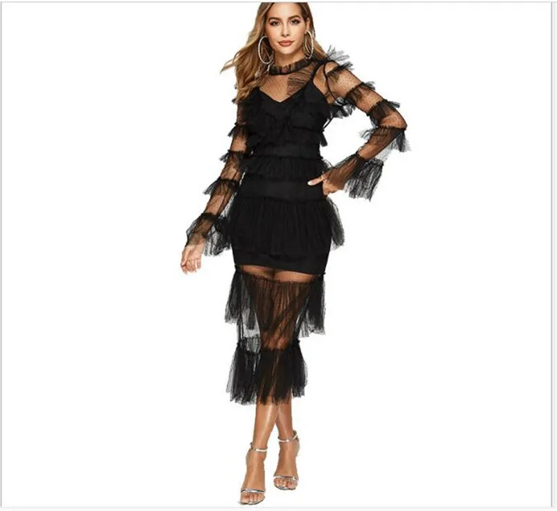 Ретро Тонкий Сетчатое платье с оборками Для женщин моды со стоячим воротником