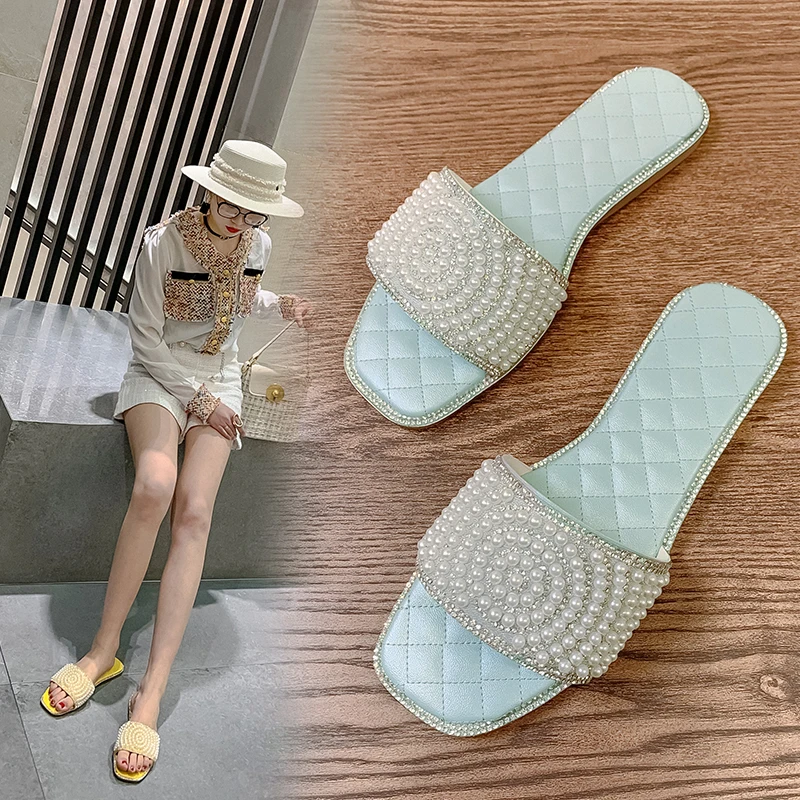 Женские летние шлепанцы 2020 в клетку с жемчугом на плоской подошве повседневные