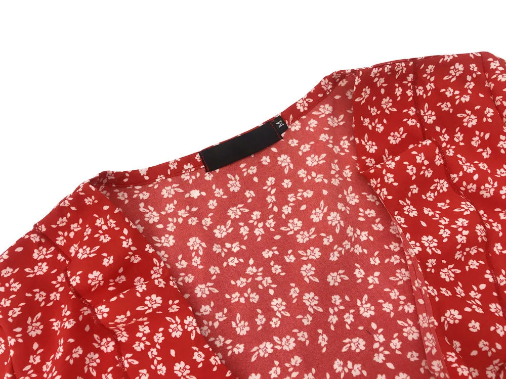

Cross-border European and American summer women's printed V collar lotus leaf side of a piece of strap A-word thin dress