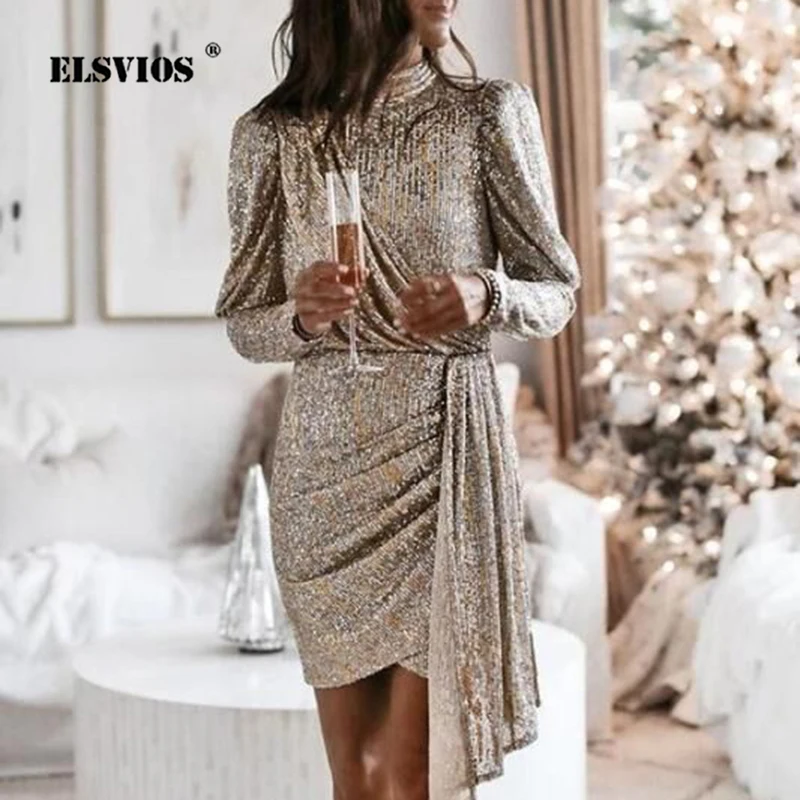 

Autumn New Champagne Sequins Irregular Mini Dress Women O Neck Long Sleeves Dress Spring 2022 Fashion Lady Elegant Party Dresses