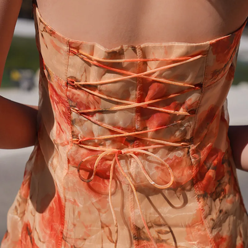 

French Vintage Hepburn Floral Printed Chiffon Dress Summer 2021 Sexy Backless Halter Bandage Strap Dress Holiday Beach Vestidos