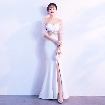 

Temperament V-neck Evening Party Dress Sexy Split Bride Wedding Dress Noble Slim Banquet Dress Perspective Prom Mermaid Dress