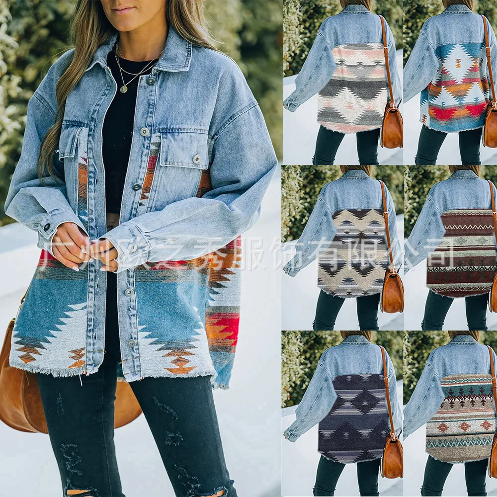 

Women's Retro Denim Jacket Jacket, New Fashion Retro Lapel Pocket Denim Stitching Woolen Jacket