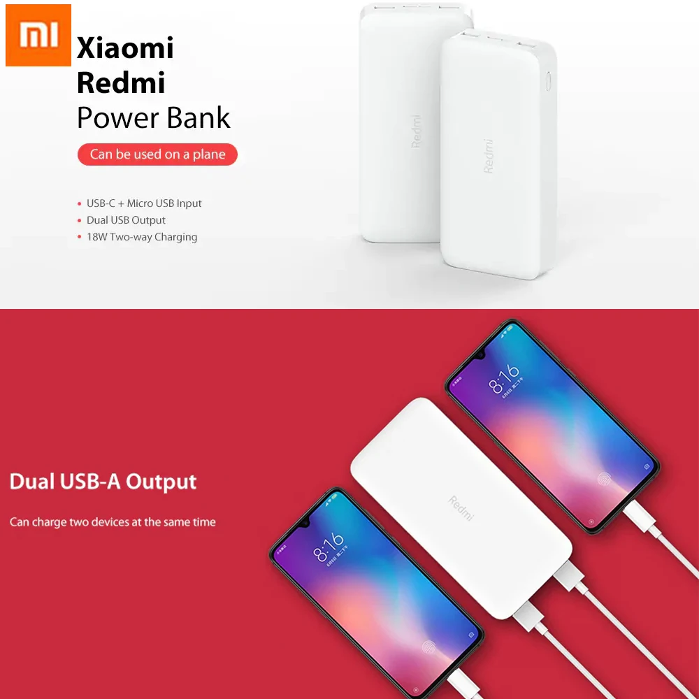 XIAOMI Redmi 20000mAh 18W два-Быстрая Зарядка power Bank USB Внешняя батарея двойной USB выход Быстрая зарядка power bank