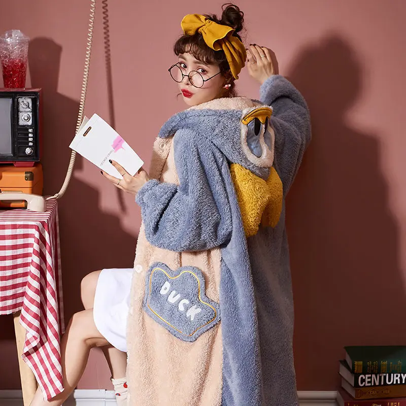 Autumn Winter Facecloth Robe Bathrobe Nightgown Female Thickened Plus Velvet Coral Velvet Medium-length Pajamas Cute Home Wear