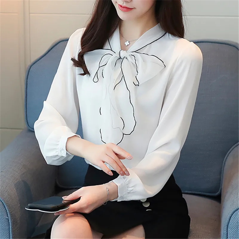 

Spring Fashion Chiffon Women Blouse New Bow Long Sleeved Blouses Office Lady Sweet Style Wpmen Shirts Fall 2020 Women