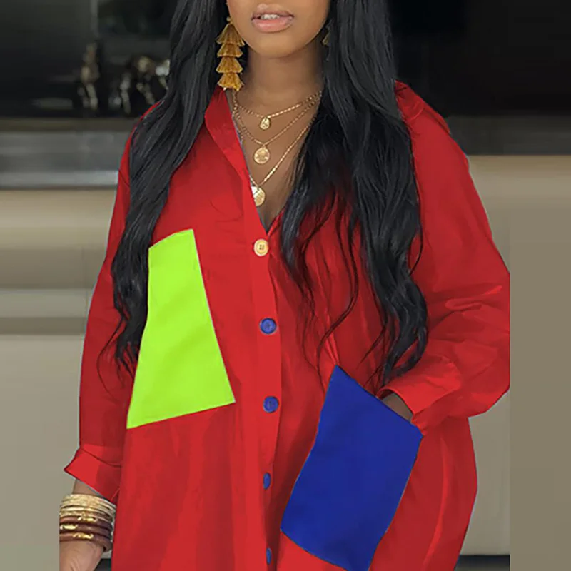 

Casual Single-Breasted Lapel Shirts Dress Women 2021 Summer Fashion Patchwork Midi Dresses Elegant Female Loose Dress Vestidos