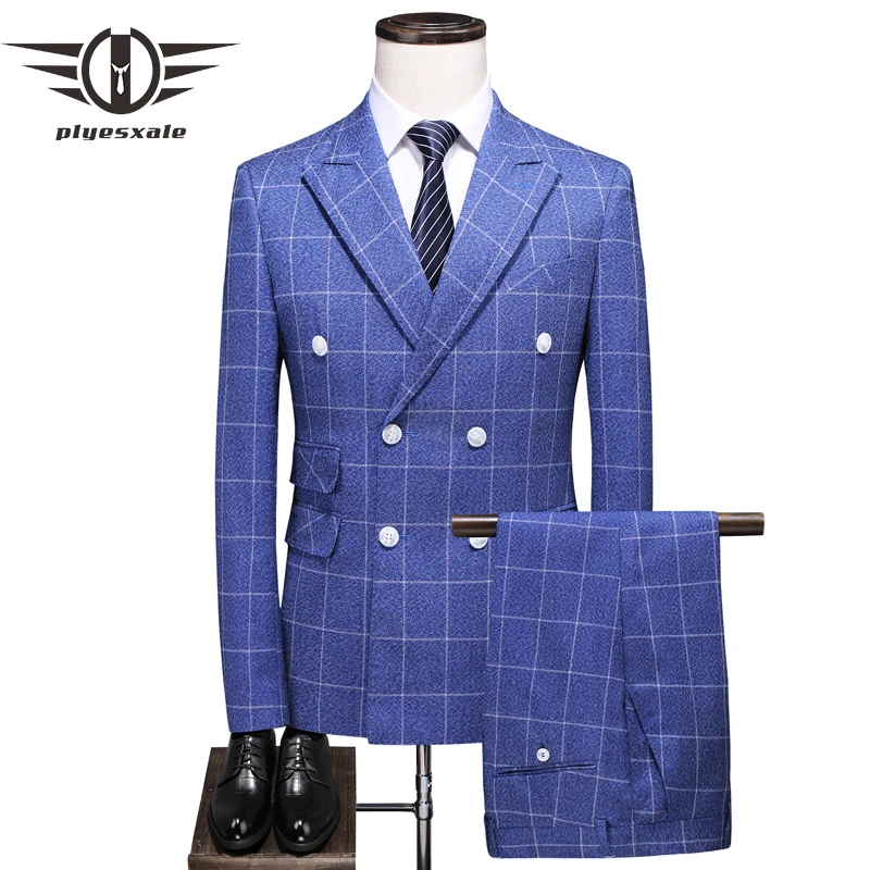 

Plyesxale Double Breasted Suit Men 2021 Autumn Slim Fit Mens Plaid Suit Jacket Stylish Blue 3 Pieces Wedding Suits For Men Q349