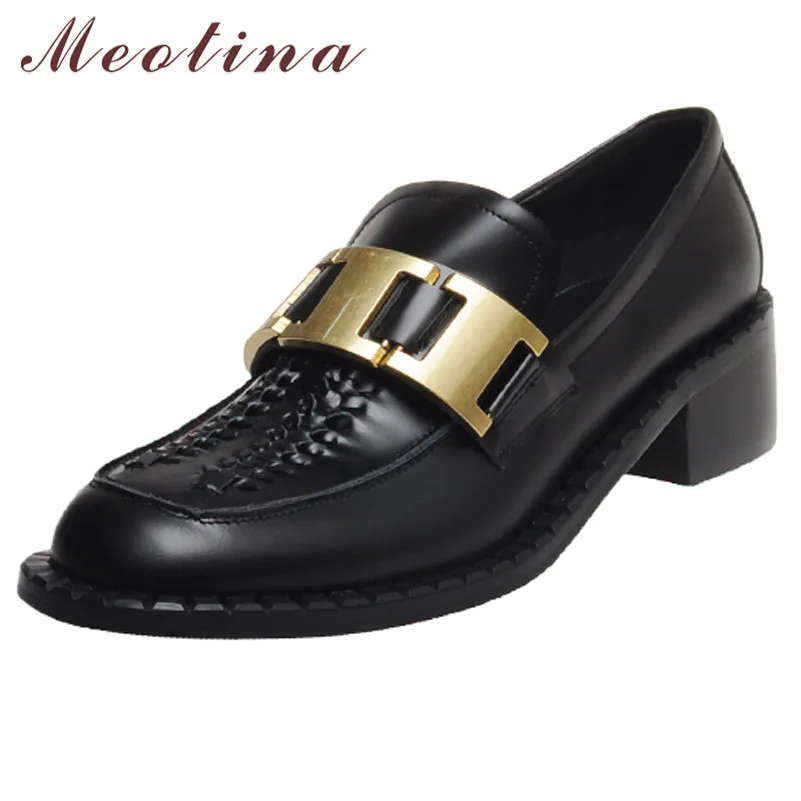 

Meotina Real Leather Mid Heel Shoes Women Metal Decoration Pumps Chunky Heels Round Toe Shoes Slip On Fashion Footwear Black 40
