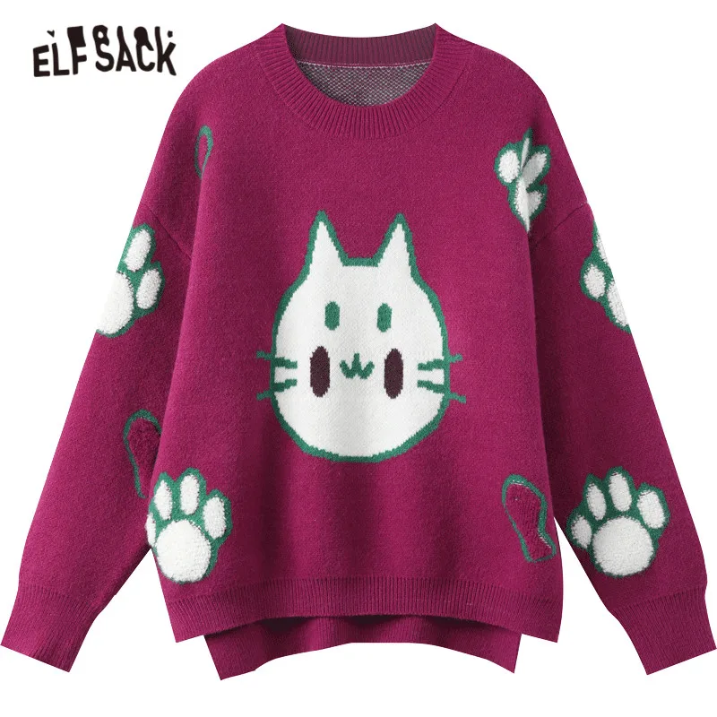 

ELFSACK Cat Jacquard Casual Pullover Knit Sweaters Women,2021 Winter ELF Vintage Japanese Ladies Daily Soft Sweet Cute Tops
