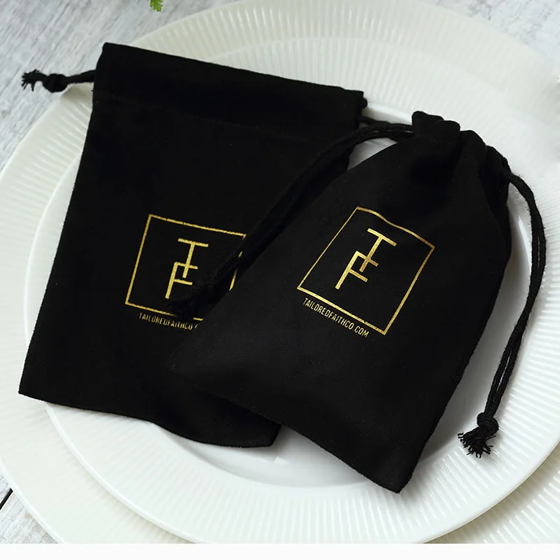 100 Black Flannel Jewellry Gift Bags Personalized Logo Velvet Jewelry Packaging Drawstring Pouches for Wedding Party Decoration
