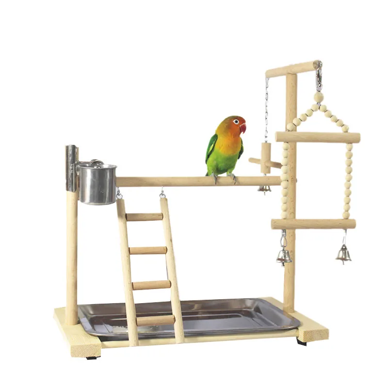 Parrot Playstands with Cup Toys Tray Bird Swing Climbing Hanging Ladder Bridge Wood Cockatiel Playground Perches 53x23x36Cm |