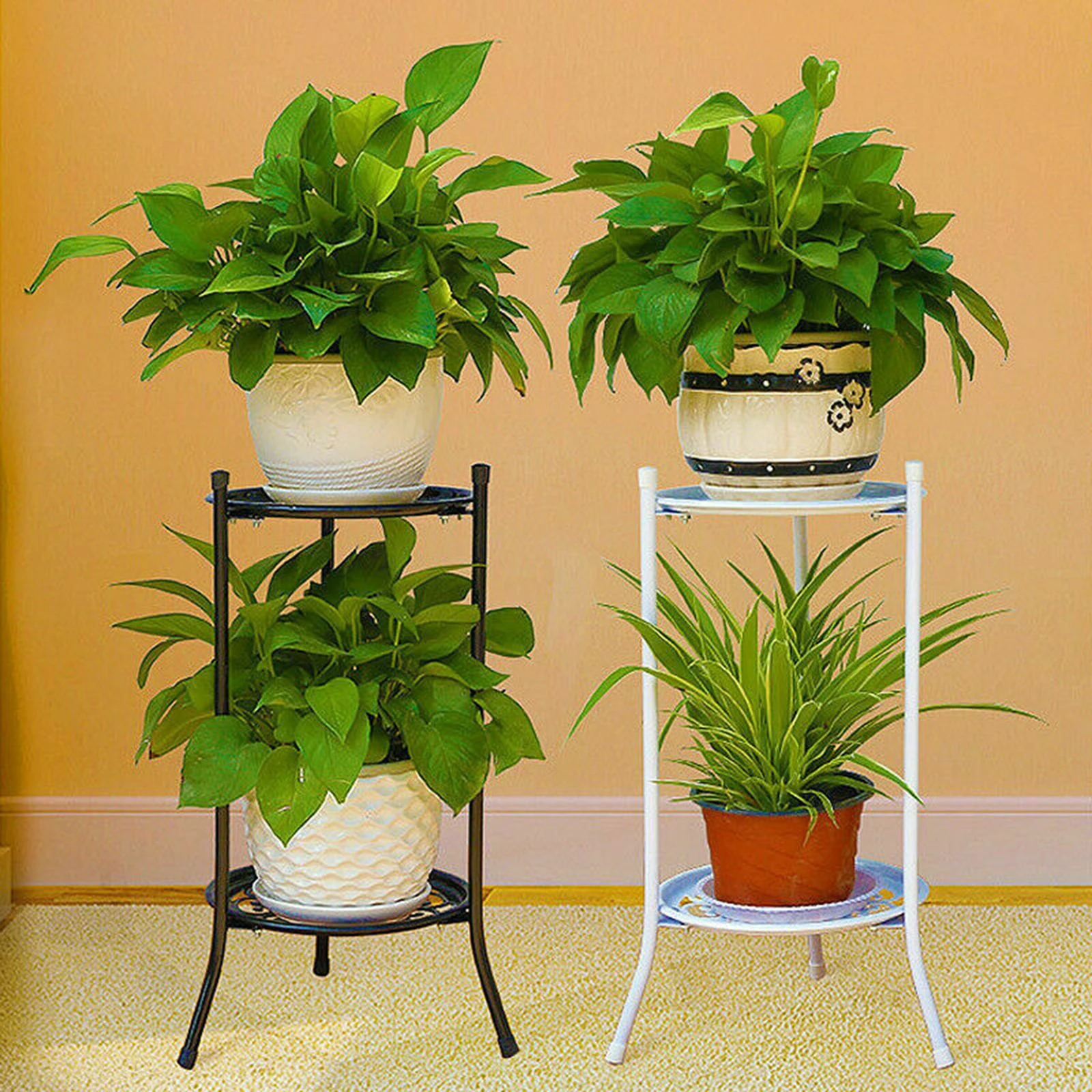 

2-Tiered Tall Plant Stand Metal Plant Shelf Supports Rack for Indoor Outdoor Home Decoration B1