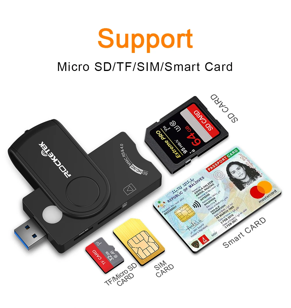 Rocketek USB 3,0 2,0 мульти смарт-кард-ридер SD/TF micro SD память, ID, банковская карта, sim cloner разъем адаптер ПК компьютер