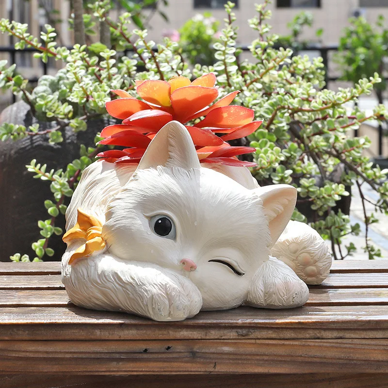 Cute Animal White Cat Bonsai Flower Pot Ceramics Succulent Plant Poted Balcony Potted Garden Home Vase Micro Landscape Decor