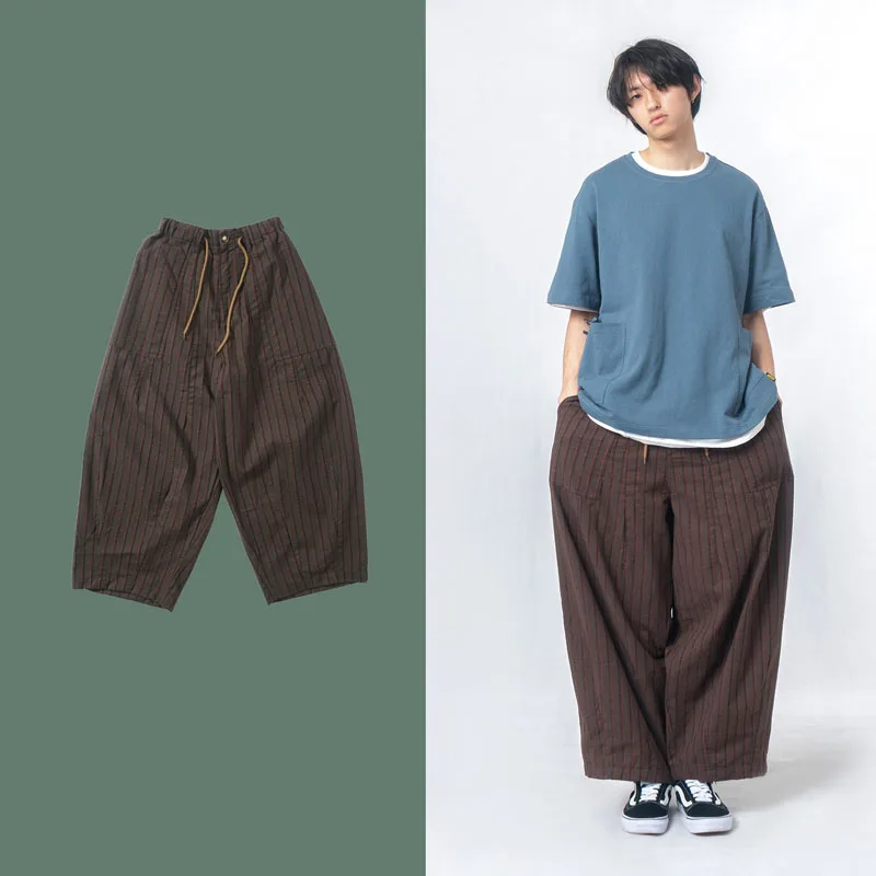 

Men Elastic Waist Japan Streetwear Cotton Linen Vintage Loose Casual Stripe Trousers Male Women Hip Hop Wide Leg Cargo Pants Mid