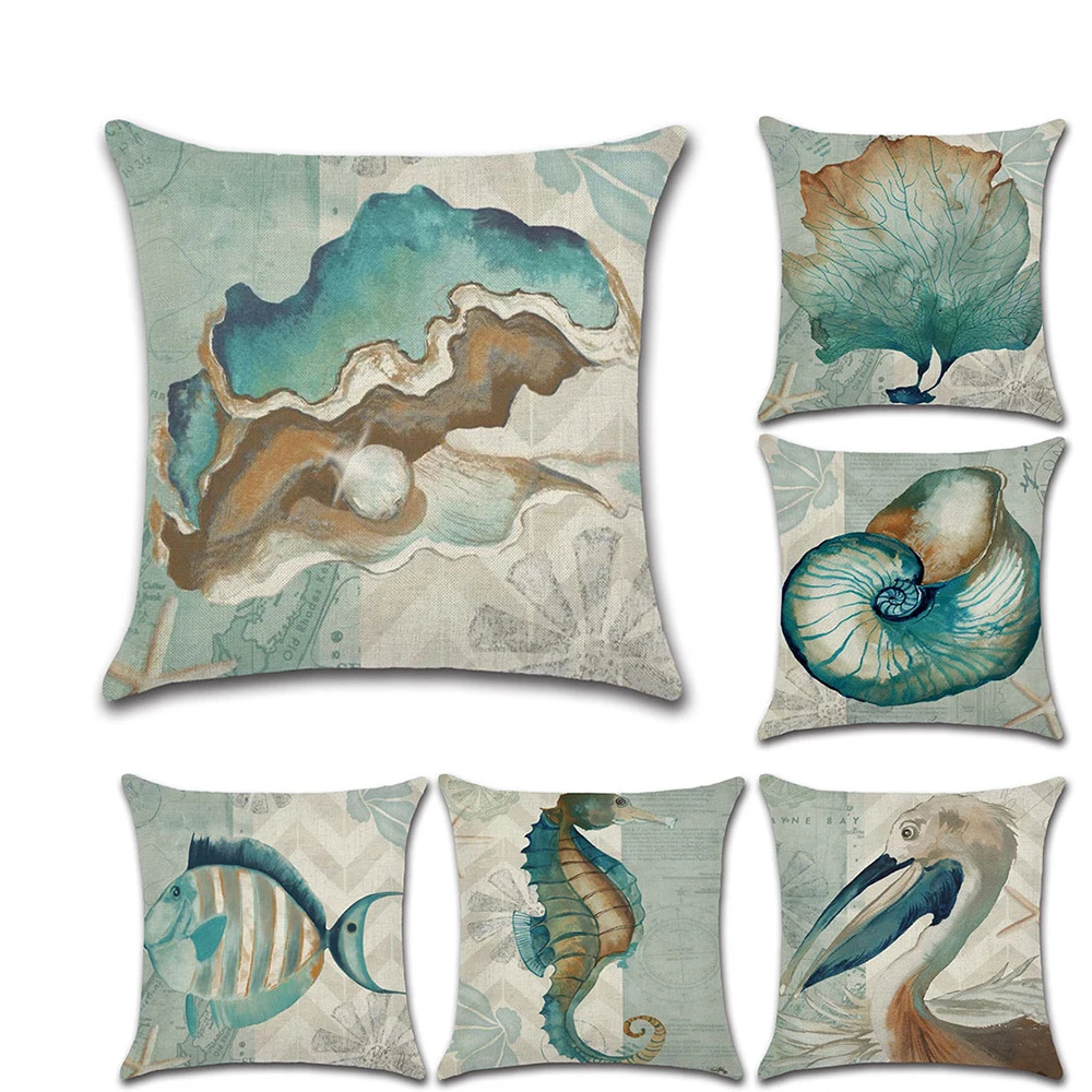 Льняная наволочка декоративный чехол для подушки с рисунками морских животных и
