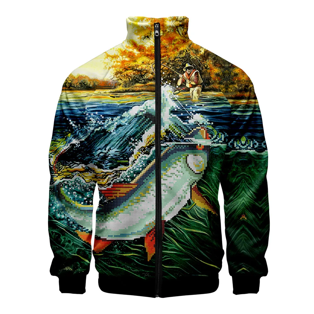 Куртка на молнии с 3D принтом рыбы стоячий воротник модная женская/мужская куртка