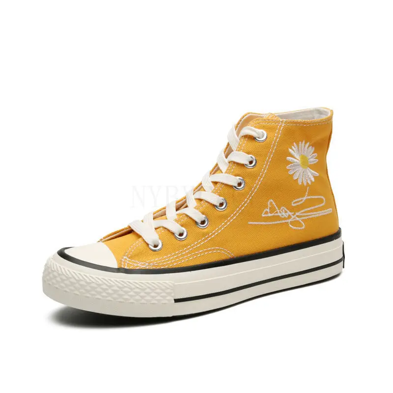 

Sneakers For Women 2022 Spring New High-top Canvas Casual Shoes Daisy Embroidery Female Sports Black Vulcanized Espadrilles