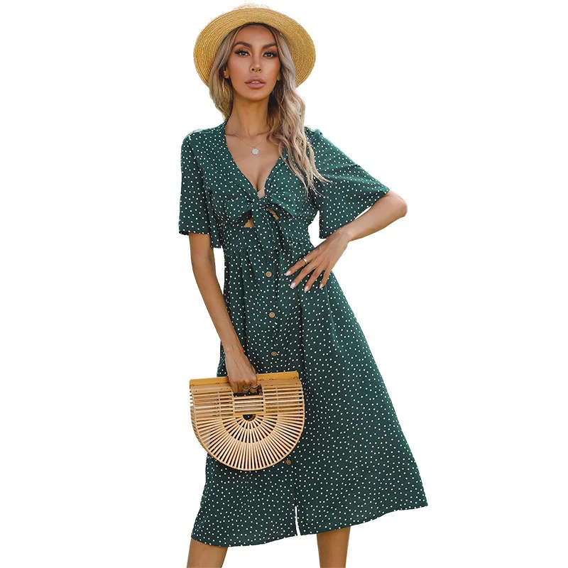 

Summer Women Floral Dress New Midi Long Wave Point Robe V-neck Sexy Dresses 2021 Hollow Out Lotus Short Sleeve Bow Vestidos