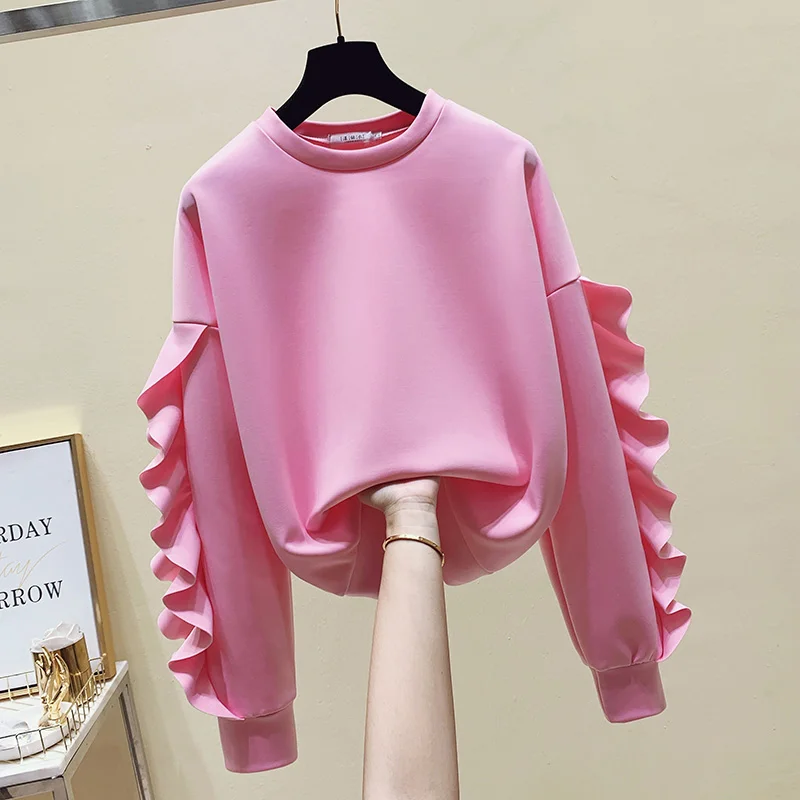 

SuperAen 2022 New Design Ruffle Patchwork Solid O Neck Full Casual Sweatshirt Women