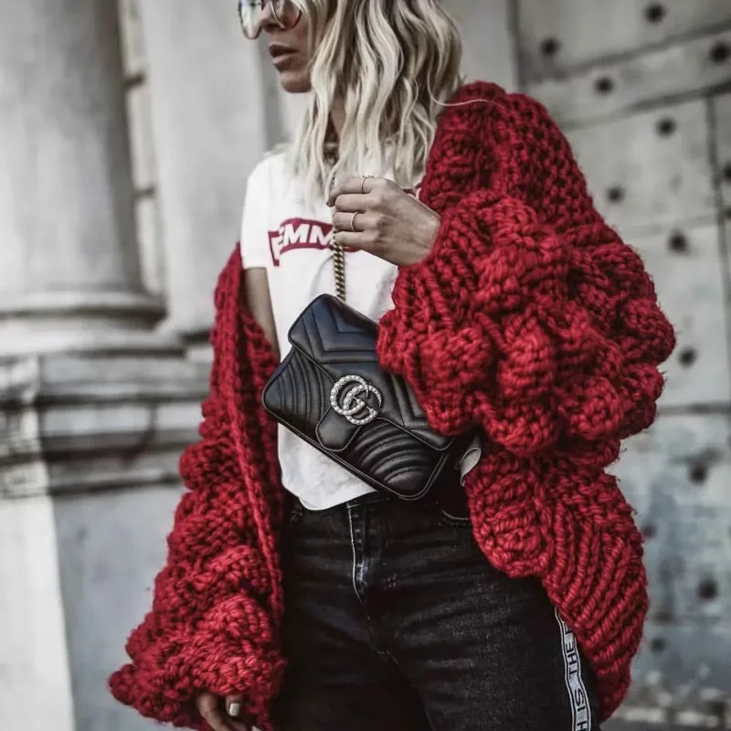 Autumn winter coarse wool hand-knit sweater women V-Neck lazy wind Rough Knitted Lantern Sleeved cardigan jacket Coat Tops |