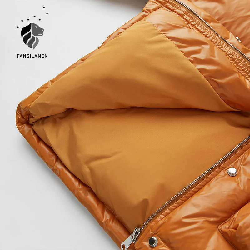 

FANSILANEN Orange thermal puffer down jacket Women autumn winter wram down coat Female pocket light short quilted coat jacket
