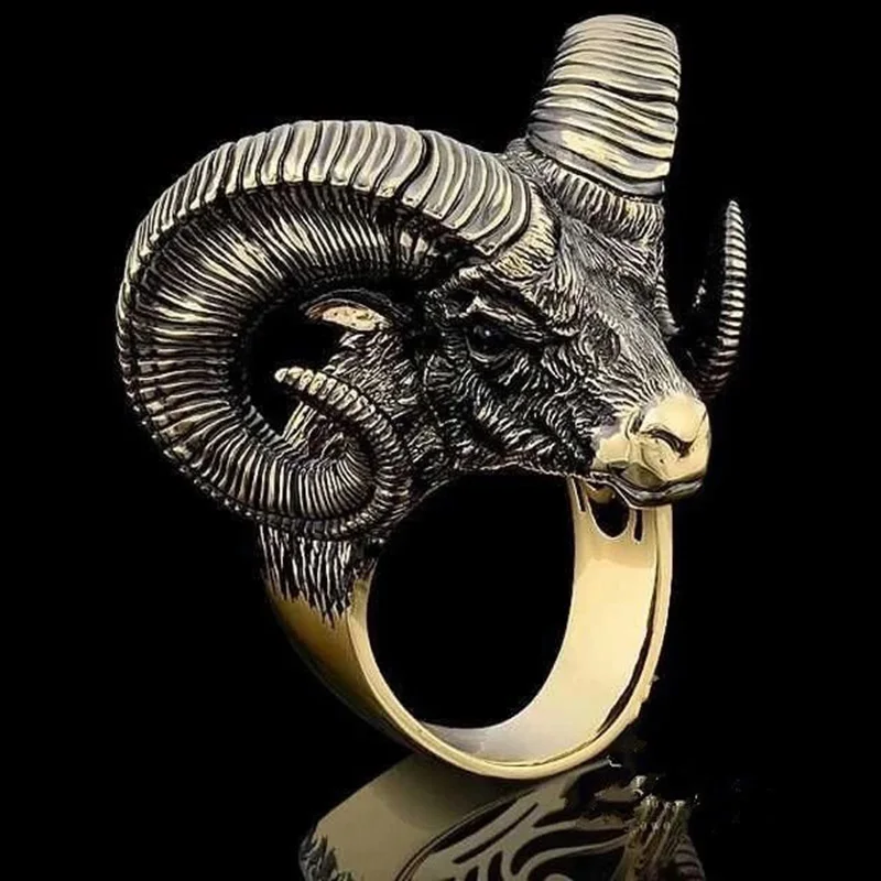 Bohemian Domineering Gold Ram Head Rings for Men Women Punk Style Animal Satan Sheep Head Biker Ring Hip Hop Viking Jewelry