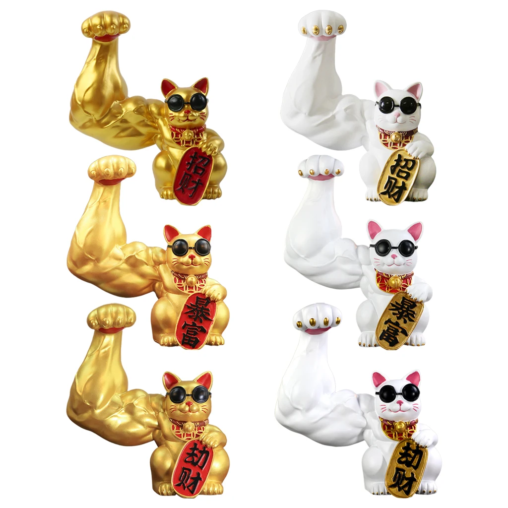 

Resin Muscle Arm Lucky Cat Statue Figurines Feng Shui Animal Crafts Office Room Shop Home Door Interior Decoration Accessories