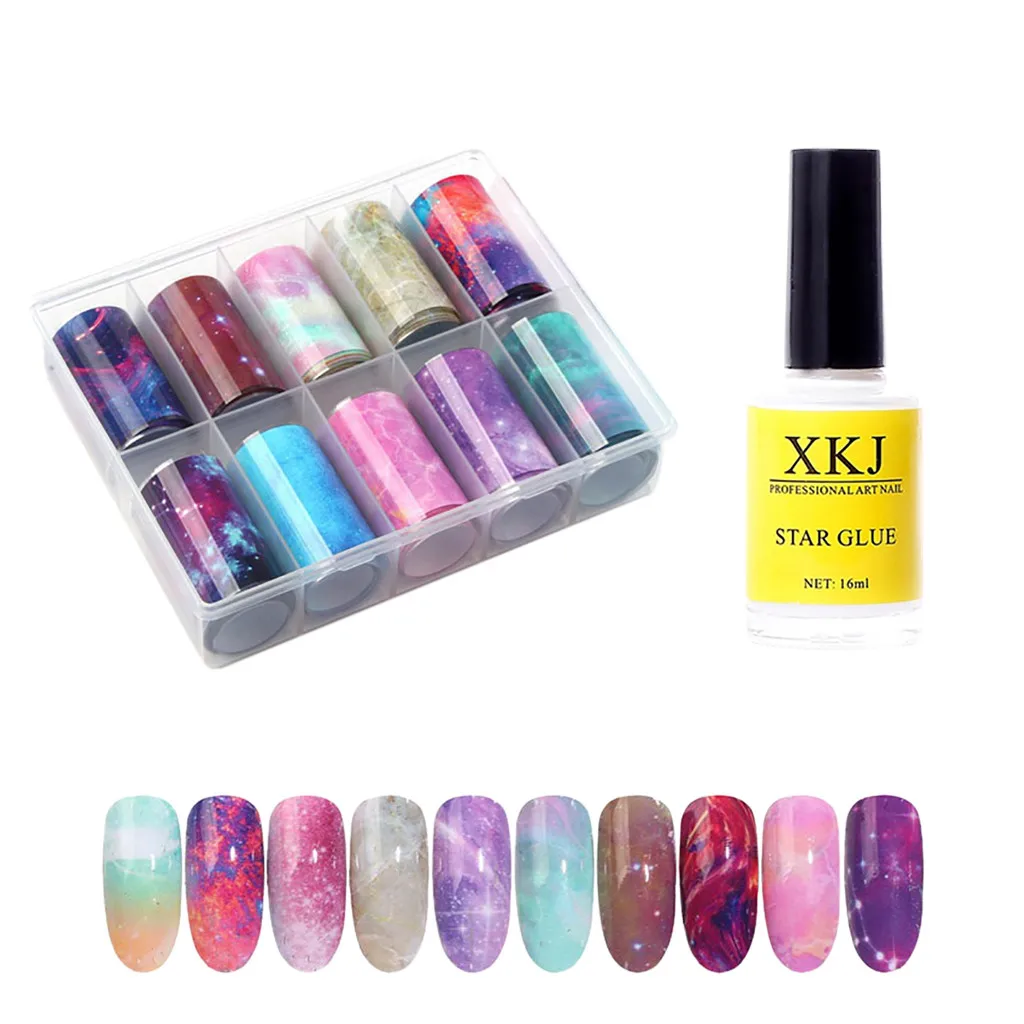 Акварельные Звездные наклейки для ногтей и гель набор переводная фольга 10 цветов