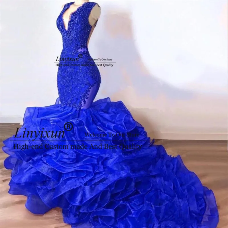 

Женское вечернее платье-русалка, синее платье с глубоким V-образным вырезом и аппликацией, из органзы, со шлейфом, несколько рядов, для выпус...