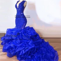 royal blue beaded mermaid prom dresses deep v neck appliqued formal evening dress court train tiered organza prom dress