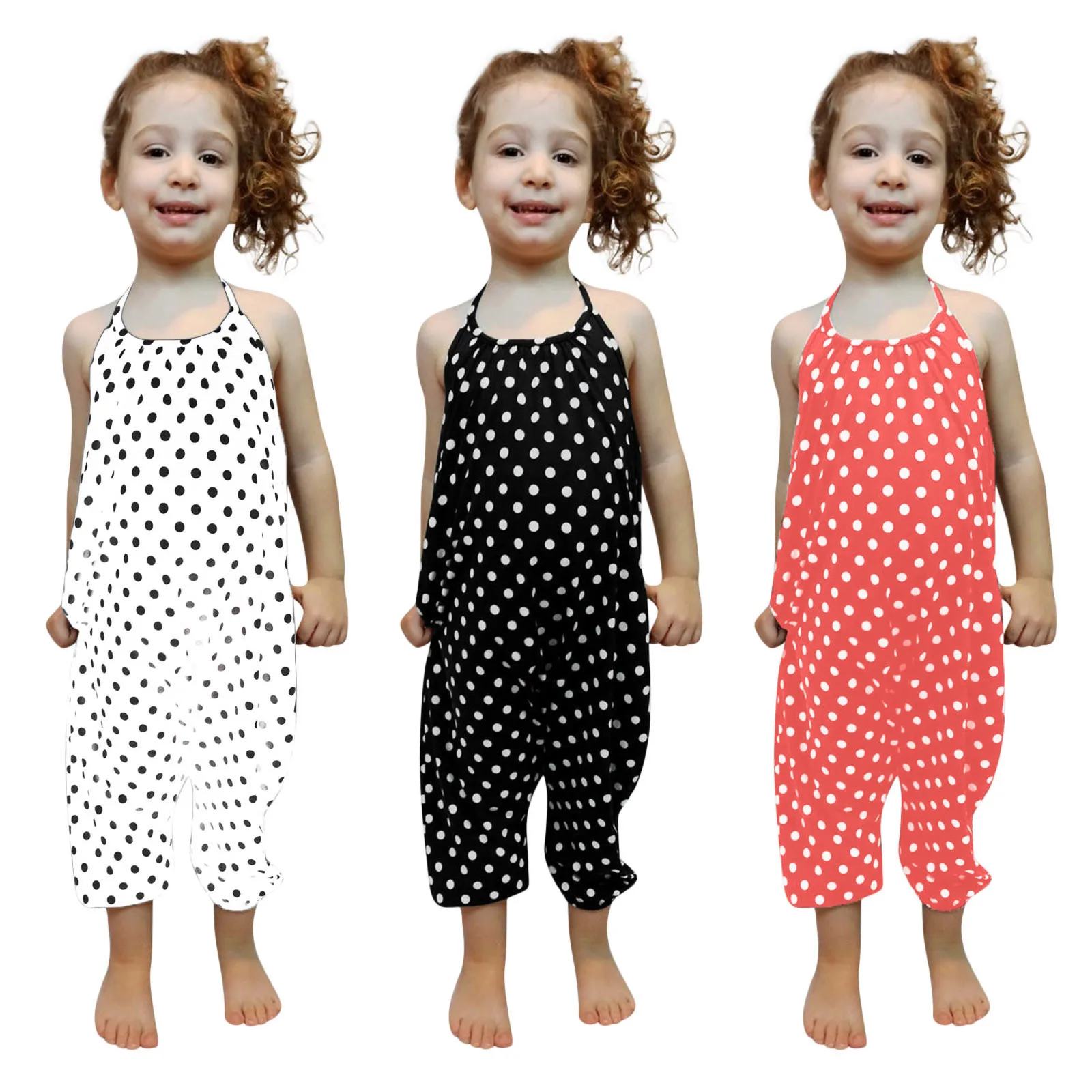 

Baby Gril Romper Summer Fashion Toddler Kids Clothes Loose Sleeveless Backless Neck Tie Dotted Print Jumpsuit Baby Clothing