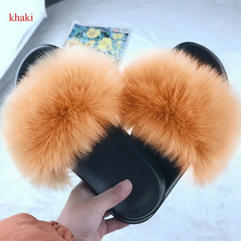 

Women Fox Fur Slippers Real Fox Fur Slides Lovely Plush Slippers Woman Summer Home Sandals Women Fur Slides Furry Flip Flops Hot