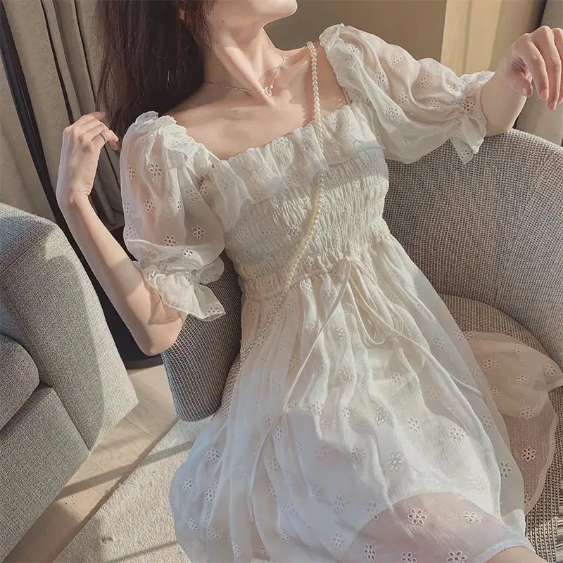

Summer Dress Women White Puff Sleeve Style Fairy Dress Lace Chiffon Style Kawaii Elegant Vintage Dress 2021