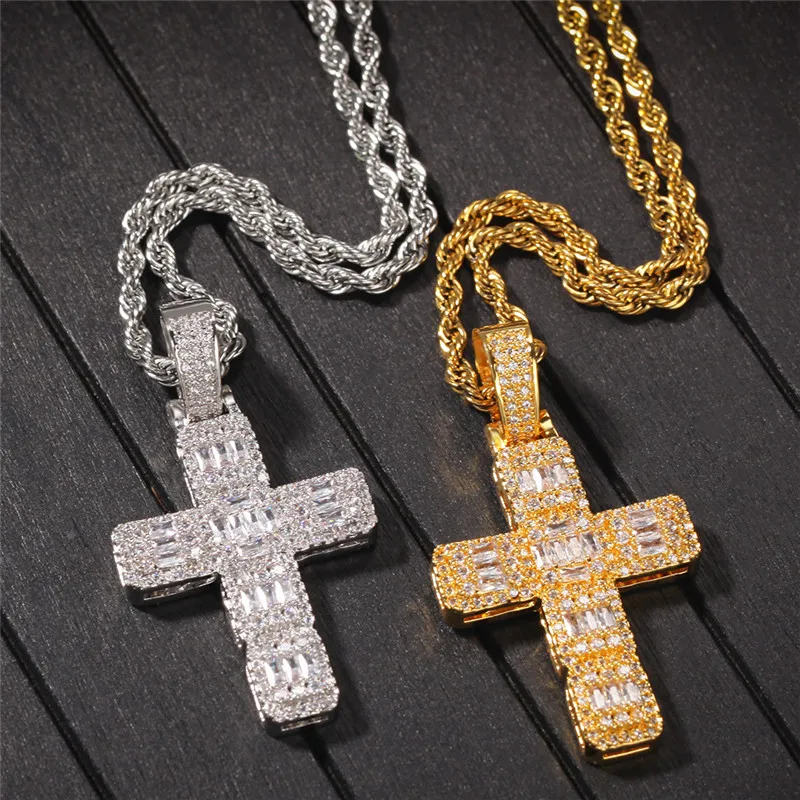

AGLOVER 24 Inch Rope Chain Ice AAA Zircon Cross Pendant Gold Silver Necklace For Men Women Hip Hop Rock Fashion Charm Jewelry