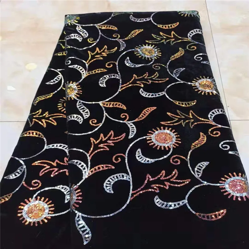 Высококачественная черная бархатная нигерийская блестящая кружевная ткань с