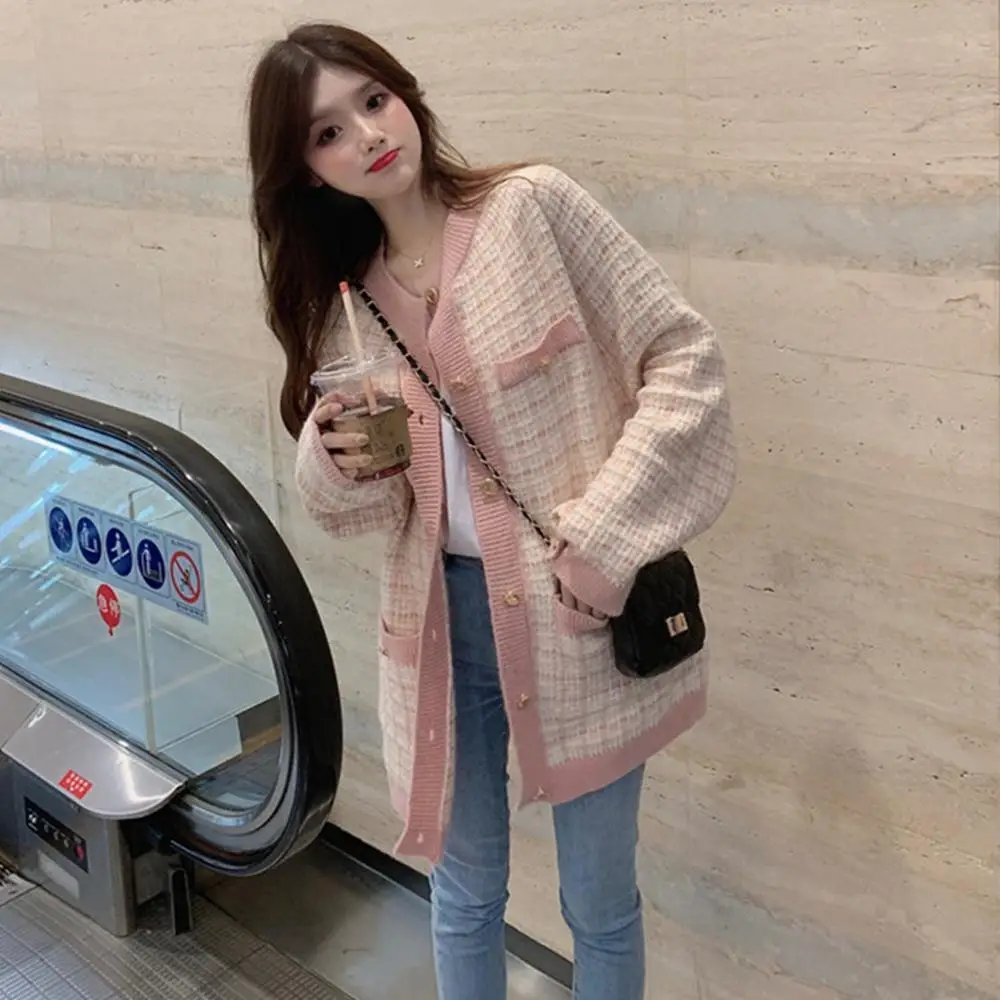 2019 женская верхняя одежда Модный женский свитер с вязаными карманами в клетку Kiwi