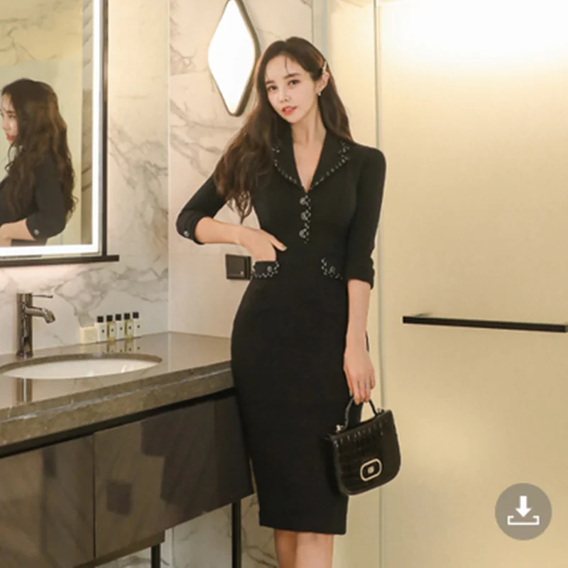 

BULOCHOVA 2022 New Spring Korean Fashion Professional Knee Length Dress Women Lapel Sexy Pack Hip Slim Pencil Dresses Vestidos