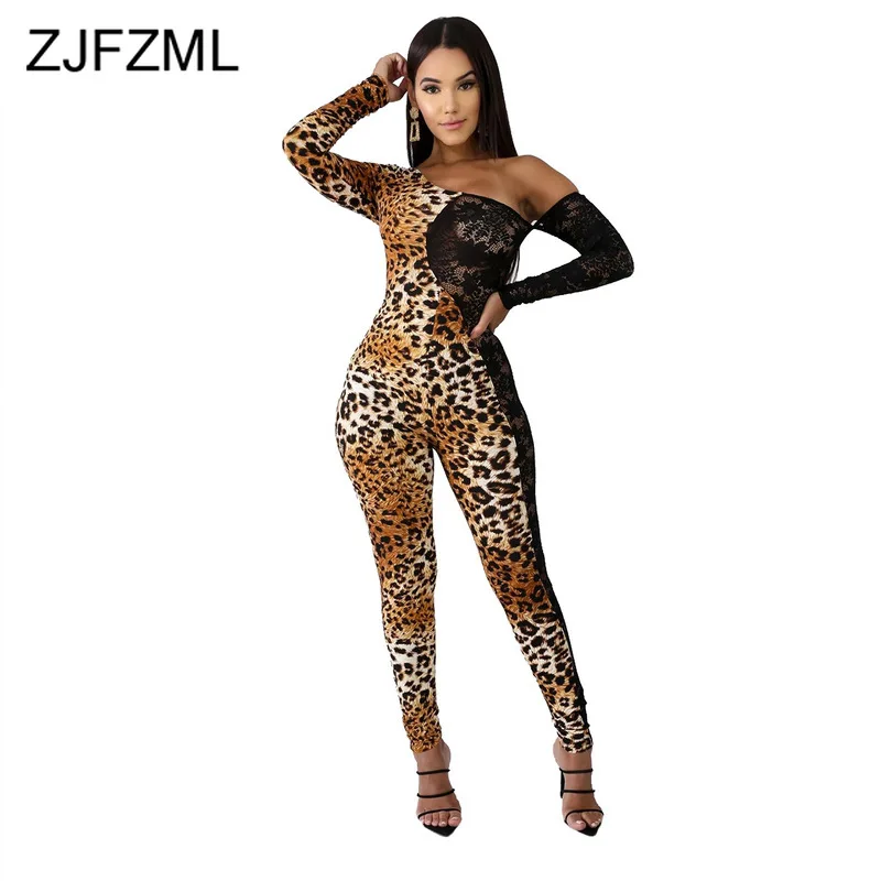Леопардовый кружевной комбинезон для клувечерние женский с косым воротником и