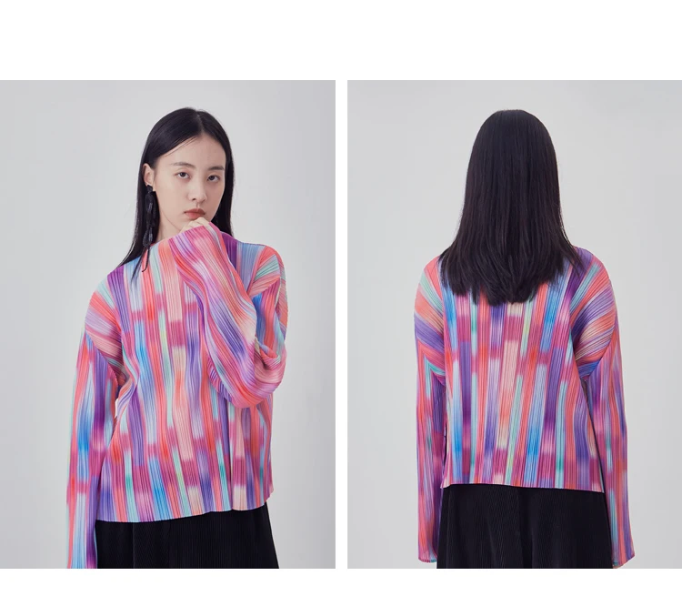 HOT SELLING Miyake fold fashion stand neck T-shirts + stripe skirt  Rainbow stripe  two-piece suit IN STOCK