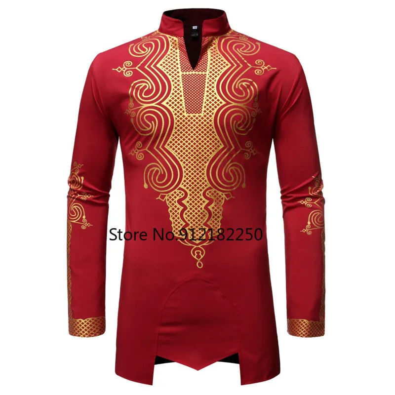 

Red Mandarin Collar V Neck Shirt Men Hipster Slim Long Sleeve African Clothes Men Hip Hop Streetwear Casual Shirts Male Camisa