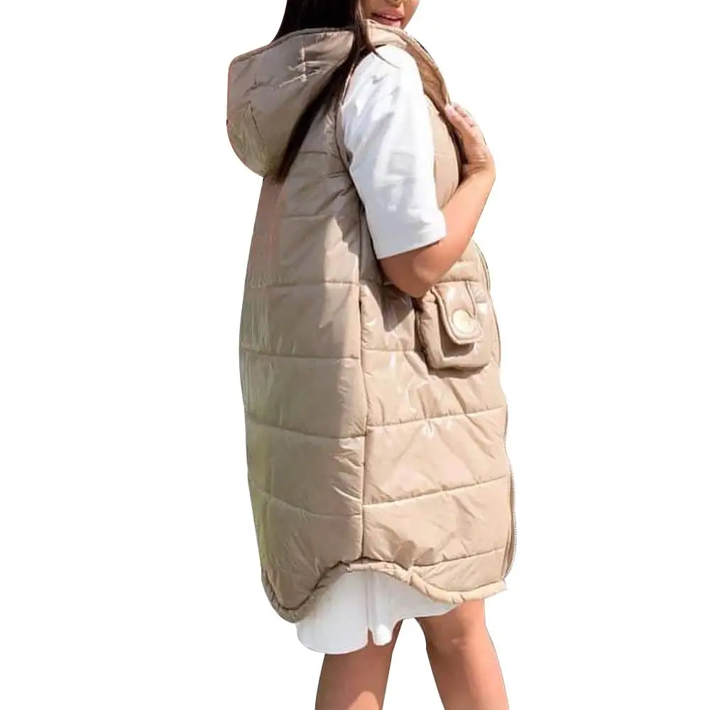 

Winter Women Down Jacket Sleeveless Down Vest Hooded Ladies Jackets Warm Coat Female Outwear Solid Color Medium Length Cardigan